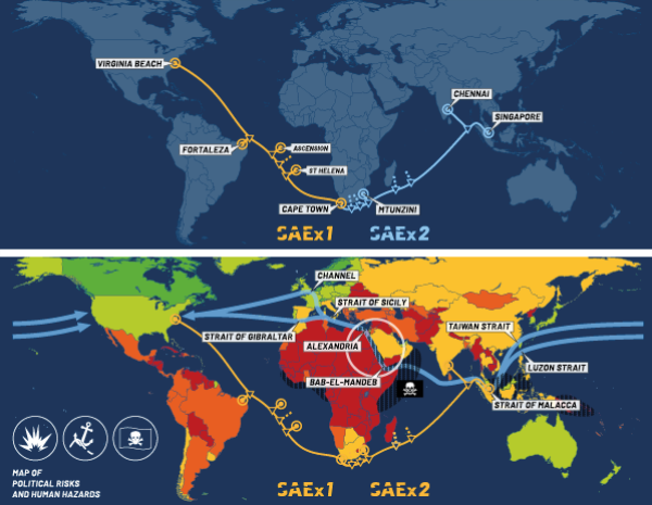 Top: the new project will first cross the Atlantic linking Cape Town to the US via Brazil, and then extend across the Indian Ocean in phase two. Bottom: the cable aims to avoid potentially unstable areas.